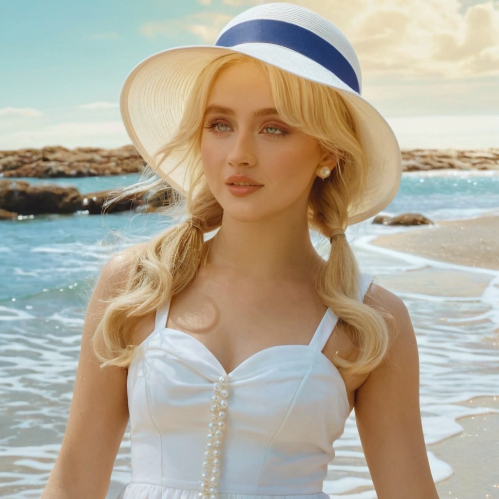 a girl who is entering the sea on a beach,  she wears a beautiful long white dress with a white hat that says "Espresso" w...