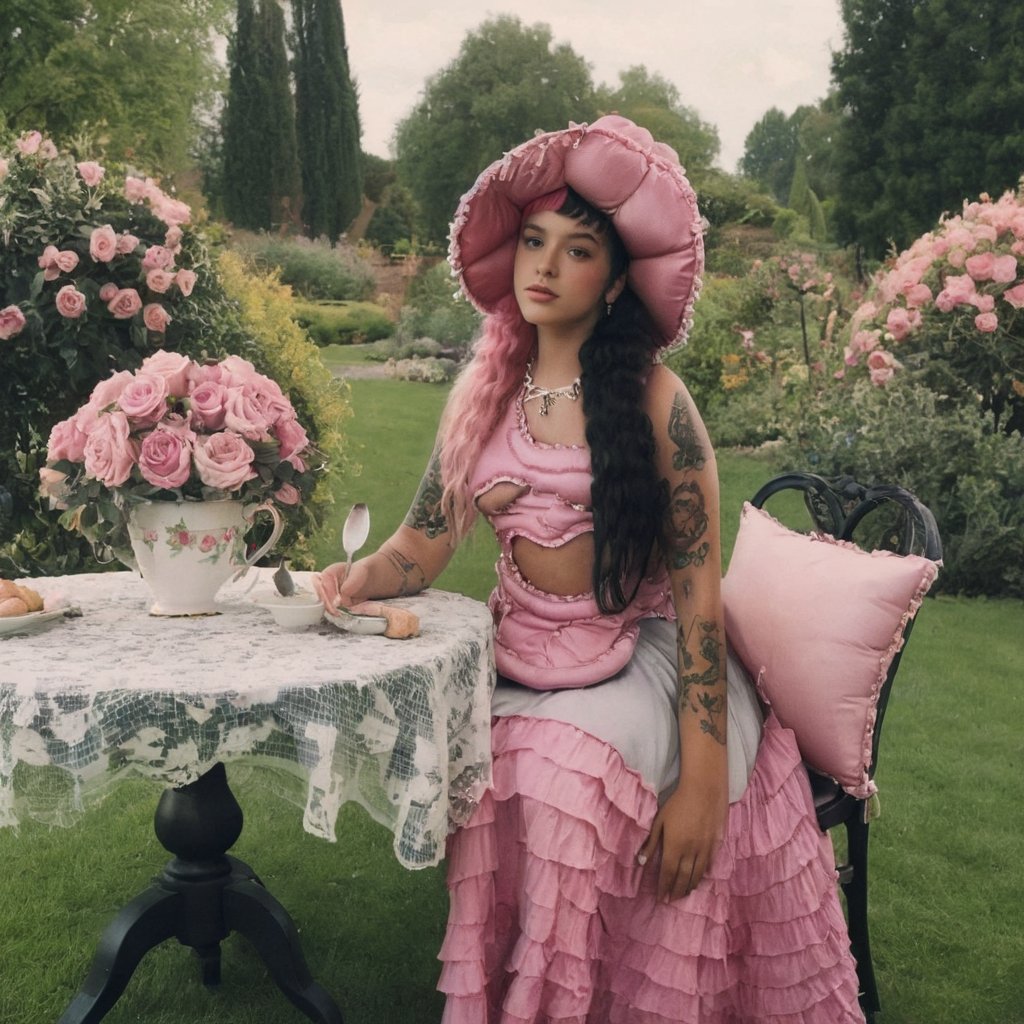 a girl who is sitting at a table ready for a tea hour, she along with the chairs and table is outside so in the background there is a beautiful garden with flowers, she wears a pink dress and a pink hat that matches her dress, the girl has fluffy pink and black hair ,black split dye, 4k, 18k, hairstyle, perfect face, After School, Melanie, Adele, Long hair, masterpiece high quality 18K, Hyperrealism, Realistic vision, rosy cheeks, realistic woman, a girl, Woman, best quality, woman, high quality, good lighting, A woman, with split hair, After School, girl, beauty, a girl who is sitting at a table ready for a tea hour, she along with the chairs and table is Outside, in the background there is a beautiful garden with flowers, she wears a pink dress and a pink hat that matches her dress, she has pink and black curly fluffy hair, black split dye, garden, tea time, elegant table , elegant chairs, elegant tea cups and roses, garden, flowers, bushes, pink, elegant, tea time in the garden