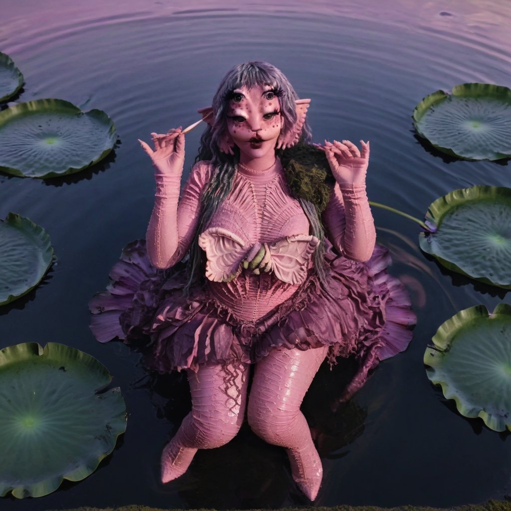 Pink and purple makeup, gorgeous makeup, a girl, a girl who is inside a sea at night, she is sitting on a large water lily trying not to fall into the sea where there are black leeches and pink leeches, leeches00, pink skin, four eyes, Full body, dark pink short curly hair, cured and detailed outfit, her hair is long and wavy, her hair is long, 4k, 18k, hairstyle, perfect face, Melanie, Adele, Long hair, masterpiece high quality 18K, Hyperrealism , Realistic vision, rosy cheeks, realistic woman, a girl, Woman, best quality, woman, high quality, good lighting, A woman, forest00, Long hair, Pink skin, four eyes, Fancy, model, A woman. Pink and purple makeup, gorgeous makeup, long train skirt, night00, pink skin, four eyes, Full body, a girl, dark pink short curly hair, cured and detailed outfit, her hair is long and wavy, her hair is long, 4k , 18k, hairstyle, perfect face, Melanie, Adele, Long hair, masterpiece high quality 18K, Hyperrealism, Realistic vision, rosy cheeks, realistic woman, a girl, Woman, best quality, woman, high quality, good lighting, A woman, sea00, Long hair, Pink skin, four eyes, Fancy, model, A woman,Big Quality, Masterpiece, High Quality,Melanie Martinez, Beautiful, 1girl,4 eyes, Nymph, Pink Skin