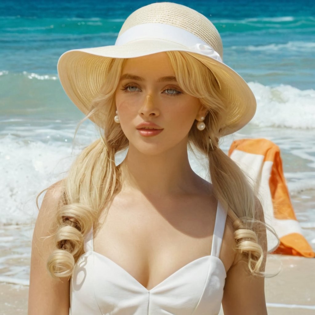 a girl who is entering the sea on a beach, she wears a beautiful long white dress with a white hat that says "Espresso" with pearls for decoration, the girl has fluffy curly  blonde hair pigtails , 4k, 18k, hairstyle, perfect face, After School, Melanie , Adele, Long hair, masterpiece high quality 18K, Hyperrealism, Realistic vision, rosy cheeks, realistic woman, a girl, Woman, best quality, woman, high quality, good lighting, A woman, with split hair, After School, girl, beauty, a girl who is entering the sea on a beach, the girl has fluffy, curly blonde hair pigtails, she has a big and beautiful white dress with a white hat that says "Espresso", decorated with pearls, she even has a pearl in her right hand, sea, beach, pearls, white dress with pearls, white hat with pearls, pearls, pearls, mother of pearl, sea of ​​pearls