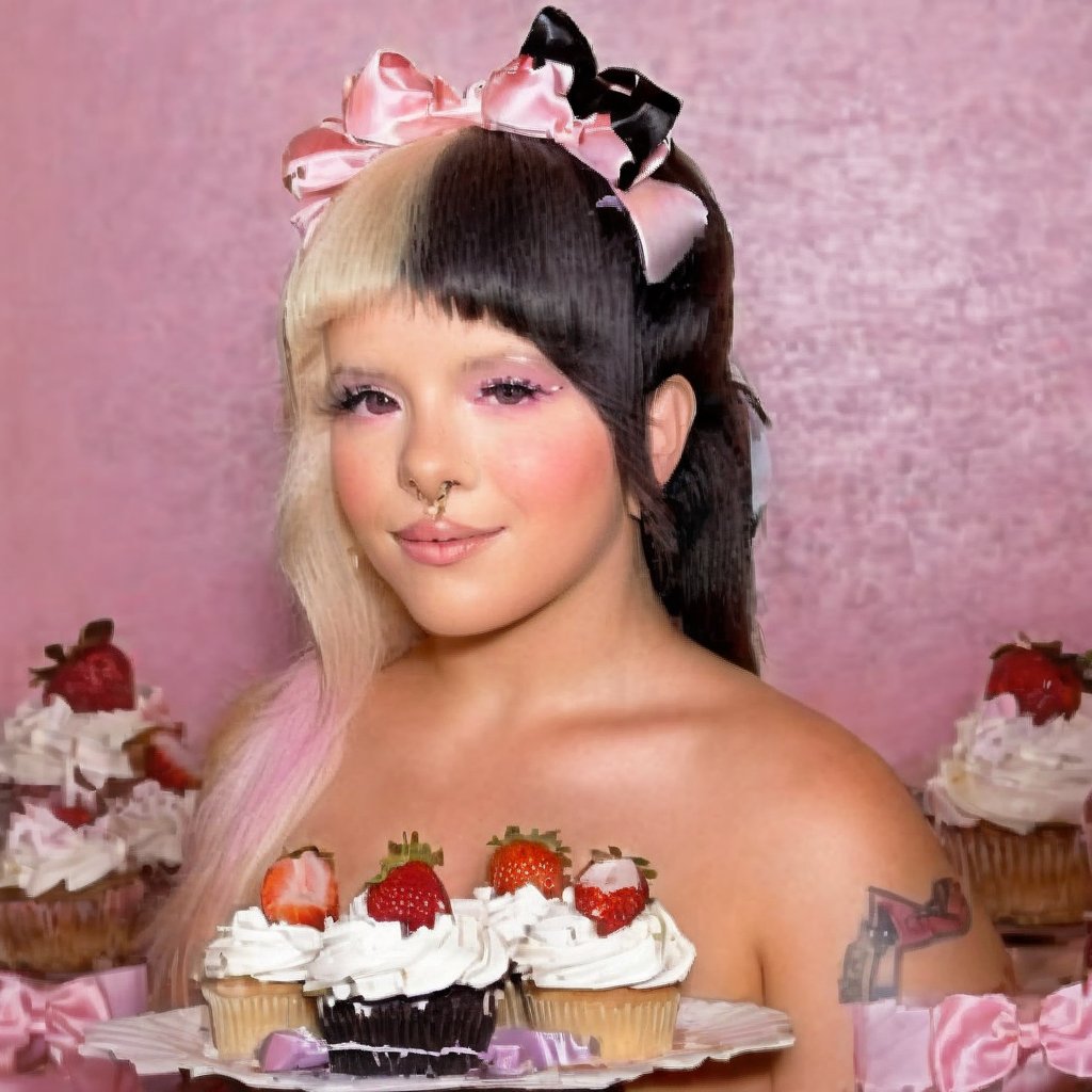 a girl who wears a pink swimsuit with several bows, she is in a world of cakes, therefore there are big cakes, cupcakes and sweets in the background, the girl has fluffy blonde and black hair in addition to having two small horns of the color of her hair on her head, black split dye, 4k, 18k, hairstyle, perfect face, After School, Melanie, Adele, Long hair, masterpiece high quality 18K, Hyperrealism, Realistic vision, rosy cheeks, realistic woman, a girl, Woman, best quality, woman, high quality, good lighting, A woman, with split hair, After School, girl, beauty, a girl who wears a pink swimsuit with several bows, she is in a world of cakes, therefore there are big cakes, cupcakes and sweets in the background, the girl has fluffy blonde and black hair in addition to having two small horns the color of her hair on her head, black split dye, the bakery, cake, cakes, strawberry shortcake, sweets, cupcakes, cupcake, sweets background, cake decoration, the bakery, the bakery, after school ep,Split dye hair,Black and  hair,Mullet hair,Bangs,hair horns,Black and blonde hair,hair horns 