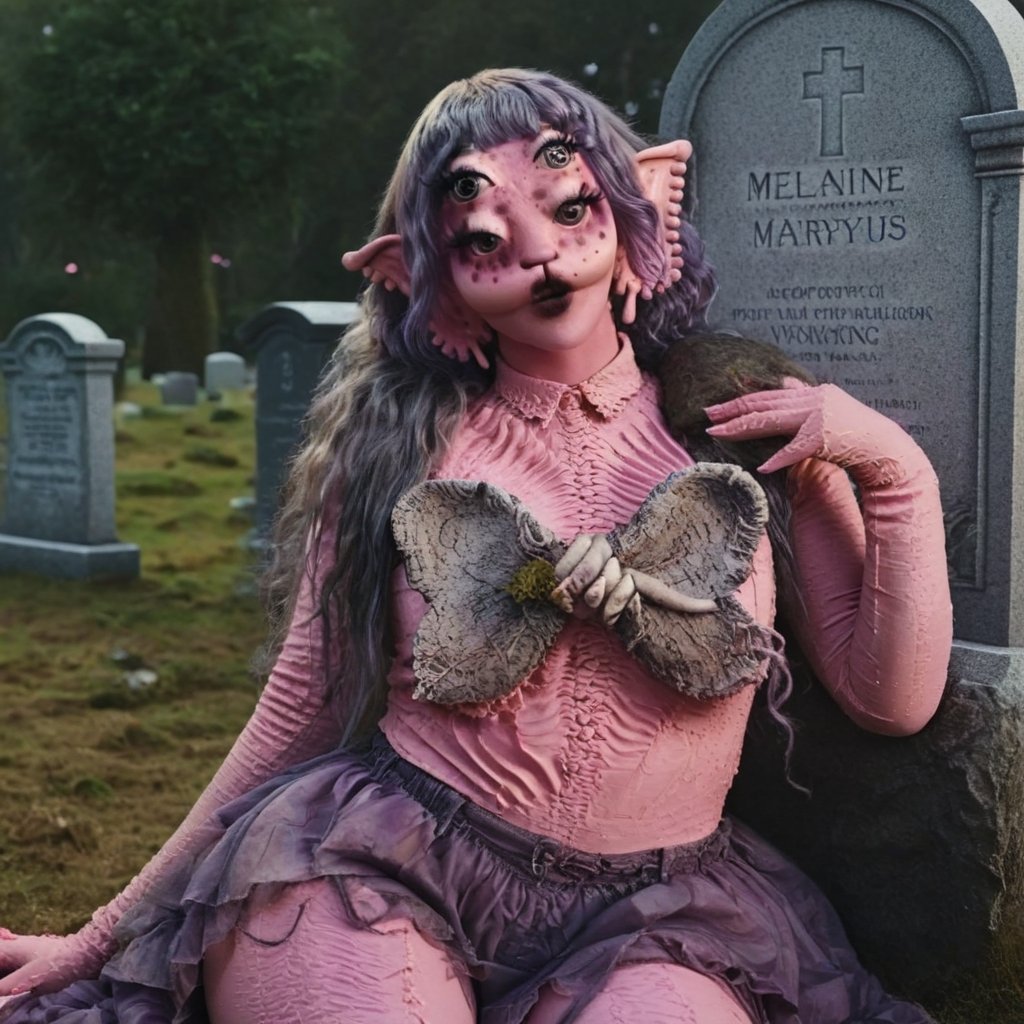 Pink and purple makeup, gorgeous makeup, a girl who is sitting next to a grave, death00, pink skin, four eyes, Full body, dark pink short curly hair, cured and detailed outfit, her hair is long and wavy, her hair is long, 4k, 18k, hairstyle, perfect face, Melanie, Adele, Long hair, masterpiece high quality 18K, Hyperrealism, Realistic vision, rosy cheeks, realistic woman, a girl, Woman, best quality, woman, high quality, good lighting , A woman, tumba00, Long hair, Pink skin, four eyes, Fancy, model, A woman. Pink and purple makeup, gorgeous makeup, long train skirt, death00, pink skin, four eyes, Full body, a girl, dark pink short curly hair, cured and detailed outfit, her hair is long and wavy, her hair is long, 4k , 18k, hairstyle, perfect face, Melanie, Adele, Long hair, masterpiece high quality 18K, Hyperrealism, Realistic vision, rosy cheeks, realistic woman, a girl, Woman, best quality, woman, high quality, good lighting, A woman, cemetery00, Long hair, Pink skin, four eyes, Fancy, model, A woman,Big Quality, Masterpiece, High Quality,Melanie Martinez, Beautiful, 1girl,4 eyes, Nymph, Pink Skin