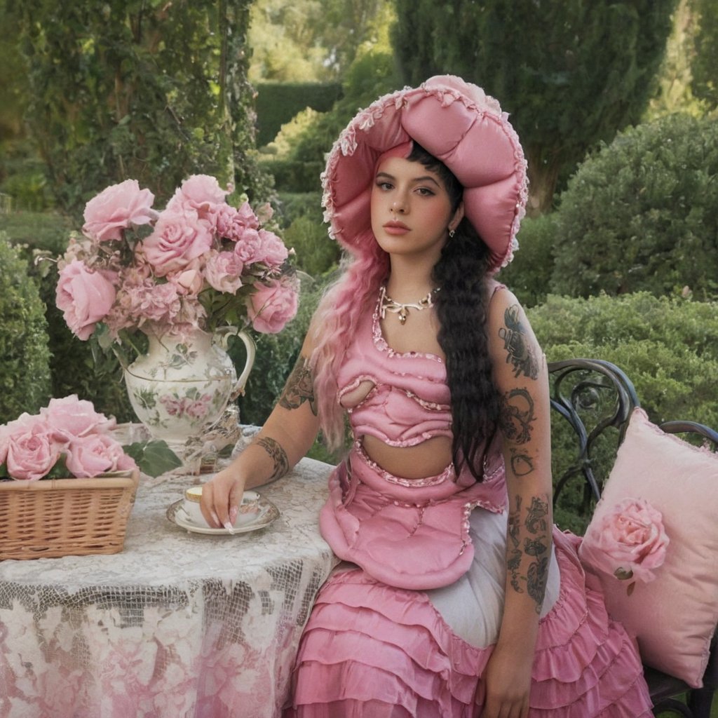 a girl who is sitting at a table ready for a tea hour, she along with the chairs and table is outside so in the background there is a beautiful garden with flowers, she wears a pink dress and a pink hat that matches her dress, the girl has fluffy pink and black hair ,black split dye, 4k, 18k, hairstyle, perfect face, After School, Melanie, Adele, Long hair, masterpiece high quality 18K, Hyperrealism, Realistic vision, rosy cheeks, realistic woman, a girl, Woman, best quality, woman, high quality, good lighting, A woman, with split hair, After School, girl, beauty, a girl who is sitting at a table ready for a tea hour, she along with the chairs and table is Outside, in the background there is a beautiful garden with flowers, she wears a pink dress and a pink hat that matches her dress, she has pink and black curly fluffy hair, black split dye, garden, tea time, elegant table , elegant chairs, elegant tea cups and roses, garden, flowers, bushes, pink, elegant, tea time in the garden