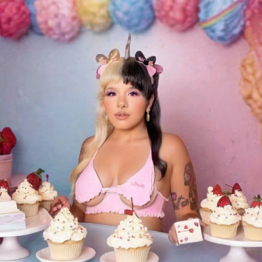 a girl who wears a pink swimsuit with several bows, she is in a world of cakes, therefore there are big cakes, cupcakes and sweets in the background, the girl has fluffy blonde and black hair in addition to having two small horns of the color of her hair on her head, black split dye, 4k, 18k, hairstyle, perfect face, After School, Melanie, Adele, Long hair, masterpiece high quality 18K, Hyperrealism, Realistic vision, rosy cheeks, realistic woman, a girl, Woman, best quality, woman, high quality, good lighting, A woman, with split hair, After School, girl, beauty, a girl who wears a pink swimsuit with several bows, she is in a world of cakes, therefore there are big cakes, cupcakes and sweets in the background, the girl has fluffy blonde and black hair in addition to having two small horns the color of her hair on her head, black split dye, the bakery, cake, cakes, strawberry shortcake, sweets, cupcakes, cupcake, sweets background, cake decoration, the bakery, the bakery, after school ep,Split dye hair,Black and  hair,Mullet hair,Bangs,hair horns,Black and blonde hair,hair horns 