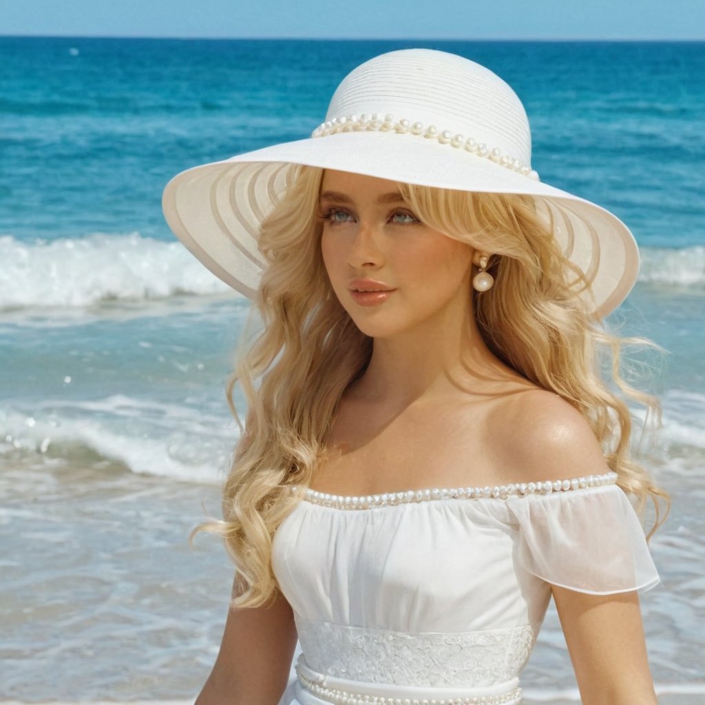 a girl who is entering the sea on a beach,  she wears a beautiful long white dress with a white hat with pearls for decora...