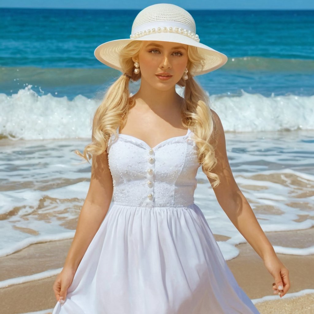 a girl who is entering the sea on a beach,  she wears a beautiful long white dress with a white hat with pearls for decora...