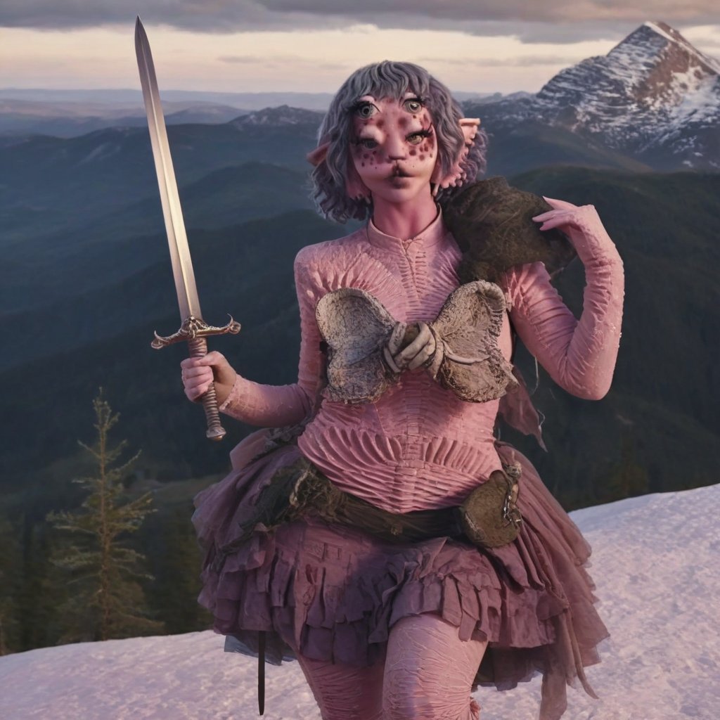 Pink and purple makeup, gorgeous makeup, a girl who is holding a sword while on a mountain, sword00, pink skin, four eyes, Full body, dark pink short curly hair, cured and detailed outfit, her hair is long and wavy, her hair is long, 4k, 18k, hairstyle, perfect face, Melanie, Adele, Long hair, masterpiece high quality 18K, Hyperrealism, Realistic vision, rosy cheeks, realistic woman, a girl, Woman, best quality, woman, high quality, good lighting, A woman, mountain00, Long hair, Pink skin, four eyes, Fancy, model, A woman. Pink and purple makeup, gorgeous makeup, long train skirt, hourglass00, pink skin, four eyes, Full body, a girl, dark pink short curly hair, cured and detailed outfit, her hair is long and wavy, her hair is long, 4k , 18k, hairstyle, perfect face, Melanie, Adele, Long hair, masterpiece high quality 18K, Hyperrealism, Realistic vision, rosy cheeks, realistic woman, a girl, Woman, best quality, woman, high quality, good lighting, A woman, menace00, Long hair, Pink skin, four eyes, Fancy, model, A woman,Big Quality, Masterpiece, High Quality,Melanie Martinez, Beautiful, 1girl,4 eyes, Nymph, Pink Skin