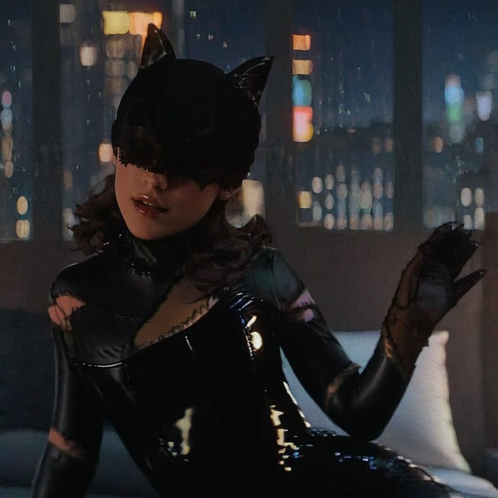 a girl who is in an office at night, she has a black dress with cat ears, cat woman, tight suit, tight suit that covers her eyes, the girl has short and curly caramel brown hair, 4k, 18k, hairstyle, perfect face, The Boy is Mine, Eternal Sunshine, Ariana , Grande, Ariana Grande, Long hair, masterpiece high quality 18K, Hyperrealism, Realistic vision, rosy cheeks, realistic woman, a girl, Woman, best quality, woman, high quality, good lighting, A woman, with curly fluffy short hair, The Boy is Mine, girl, beauty, a girl who is in the office at night in a big city like New York or Miami, she has a tight black elastic suit like Cat Woman's , she has curly, short and fluffy dark caramel hair, Black Cat, Cat Woman, black tight suit, cat suit, black cat suit, New York, night, night office, black gloves, Cat Woman, Cat Woman suit, The Boy is Mine,Cat woman