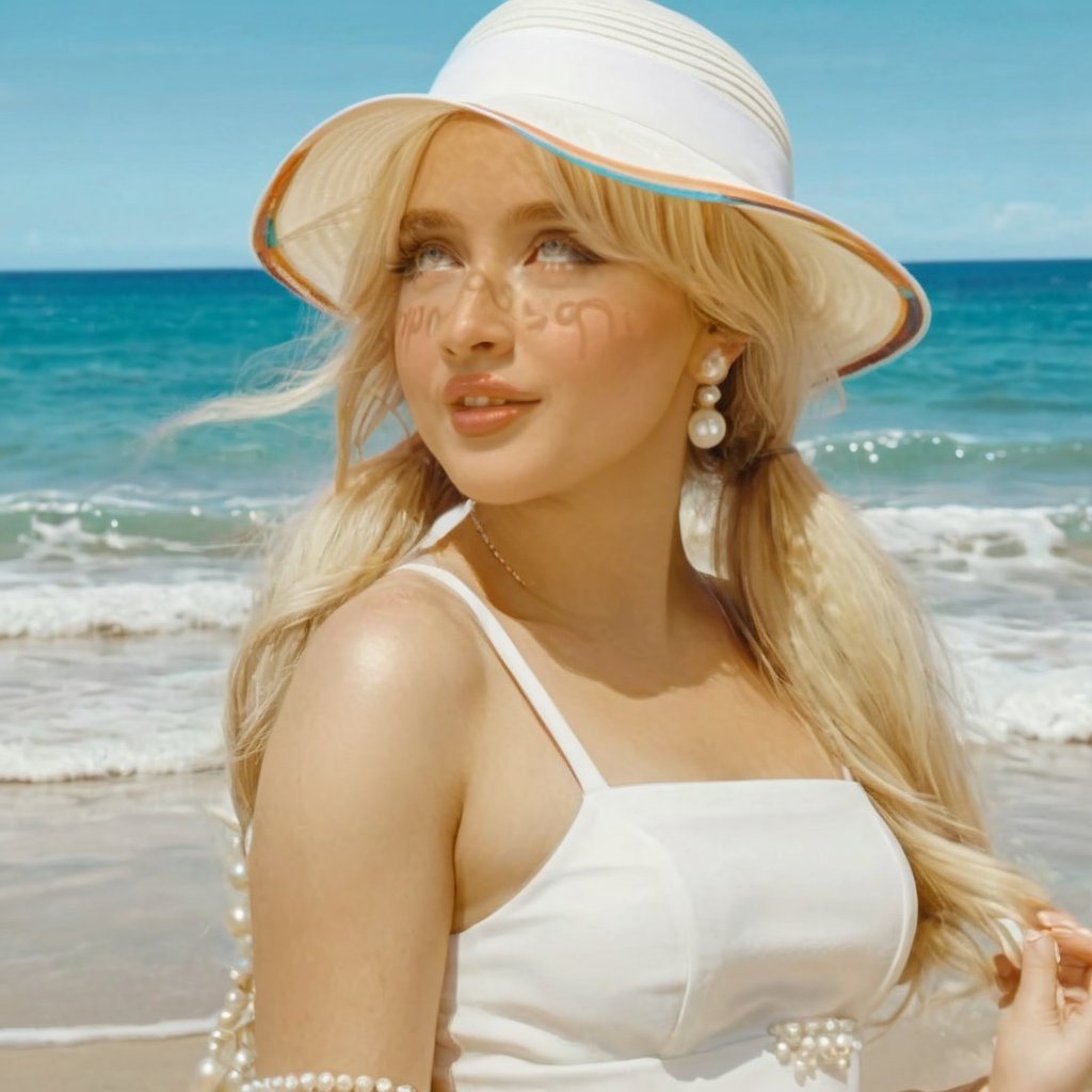 a girl who is entering the sea on a beach,  she wears a beautiful long white dress with a white hat with pearls for decora...