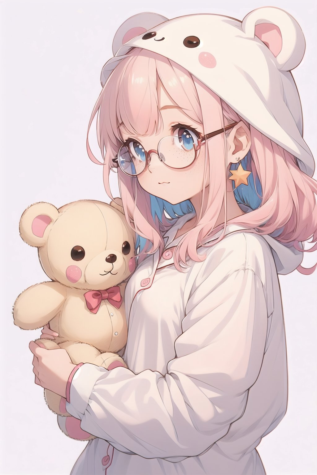 nier anime style illustration, best quality, masterpiece High resolution, good detail, bright colors, HDR, 4K. Dolby vision high.

Cute curly hair often tied in a messy bun, round glasses that slightly slip down her nose, chubby cheeks with a bit of baby fat, fair skin with a few freckles

Pink teddy bear pajamas, slightly loose to hide her body shape

Small star-shaped earrings, a colorful hair tie