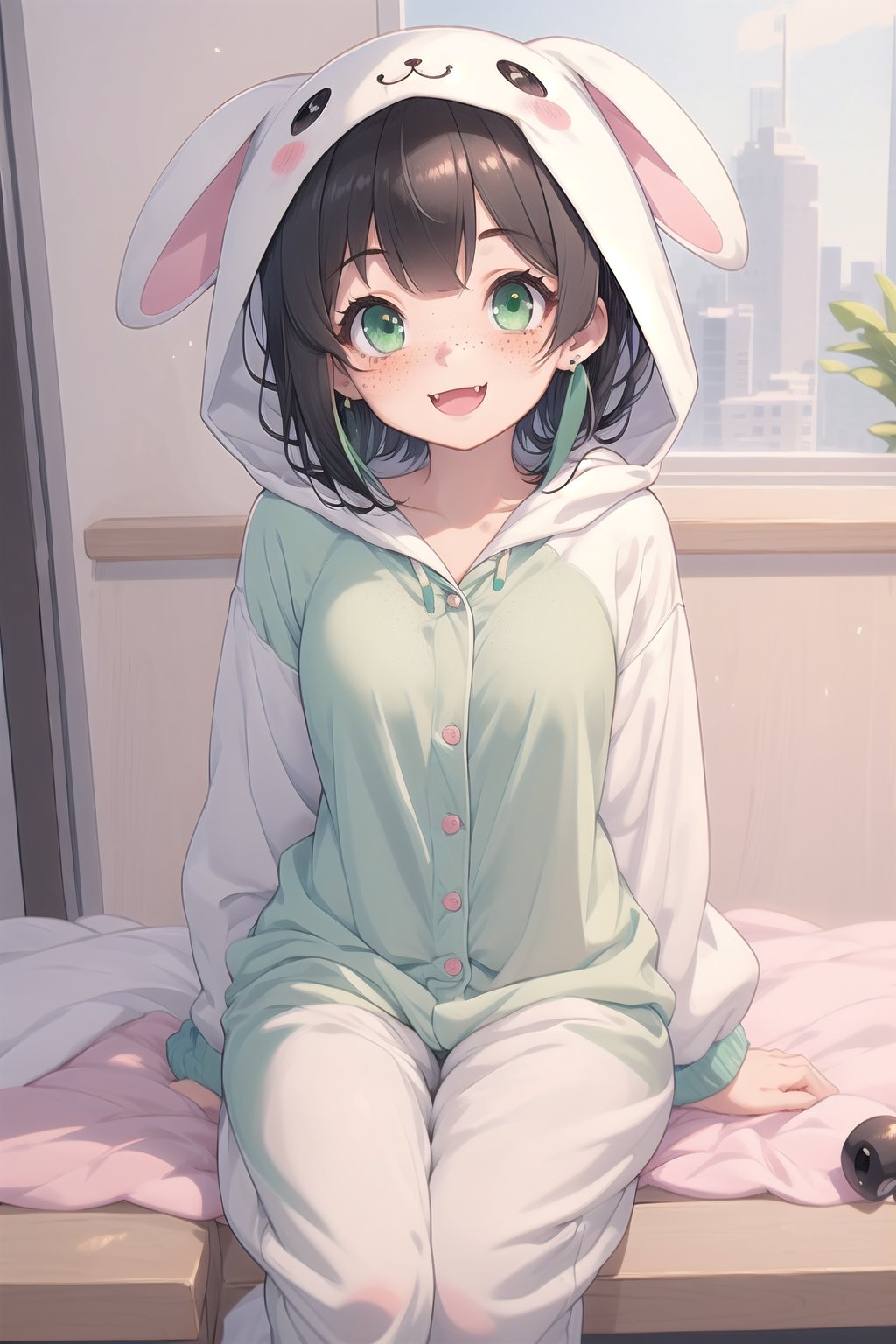 nier anime style illustration, best quality, masterpiece High resolution, good detail, bright colors, HDR, 4K. Dolby vision high. 
Little Cute Girl (long straight black hair, green eyes, freckles, blushing, green earrings)
big fluffy animal pajamas with hood style clothing 
Flirty smile (yandere smile).Happy, excited.
small breasts
Showing long fangs, long exposed fangs 
in gym place.
Sitting