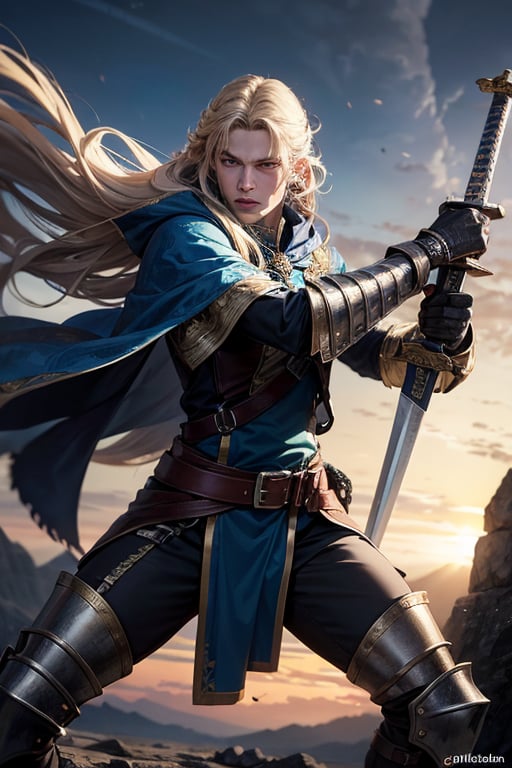 Image Adjectives: Majestic, fierce, commanding, unyielding.
Shot Type: Medium close-up.
Subject / Character: Glorfindel, an elite warrior elf.
Pose Details: Mid-swing with his sword, muscles tensed, and eyes locked onto his target with an intense, determined gaze.
Physical Details: Golden hair flowing wildly in the heat of battle, sweat glistening on his brow, and a fierce, almost otherworldly determination in his piercing eyes.
Clothing: Gleaming golden armor adorned with Elvish runes, slightly tarnished from the fray, a royal blue cloak billowing behind him, leather gloves gripping his sword tightly, and sturdy boots firmly planted on the ground.
Location: Not specified, focusing solely on Glorfindel in the heat of battle.