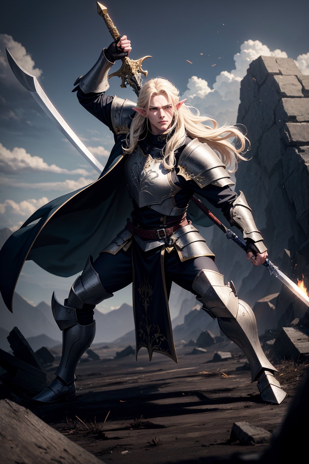 Image Adjectives: Majestic, fierce, commanding, unyielding.
Shot Type: Full-body action shot.
Subject / Character: Glorfindel, an elite Elven warrior.
Pose Details: In the midst of a powerful strike, his sword raised high above his head, poised to deliver a devastating blow. His body is slightly twisted, showing the momentum and fluidity of his movement.
Physical Details: Golden hair flowing wildly with his movements, eyes blazing with determination and intensity, muscles taut and defined from the exertion of battle.
Clothing: Shining golden armor that glints in the dim light of Mordor, intricately engraved with Elvish designs. A tattered, yet regal blue cloak billows behind him, and his boots are caked with the mud of the battlefield. His armor bears signs of combat but remains formidable.
Location: (Focus solely on the character as requested)