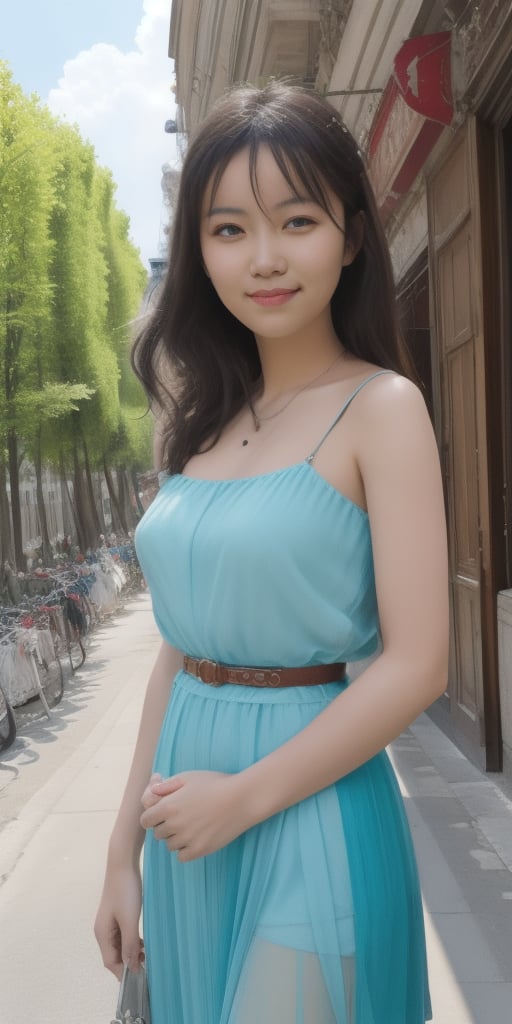 masterpiece,  4k resolution, (1 girl),Surrealistic digital painting of a young woman with fair skin,  invoking a sense of serenity and tranquility, painterly strokes result in.This soft-focus portrait depicts a young woman with fair skin, curly brown hair with bangs, 
wearing a beautiful dress.
A girl with a beaming, radiant smile is standing in front of the Eiffel Tower on a Parisian plaza, with the majestic Eiffel Tower prominently in view. According to