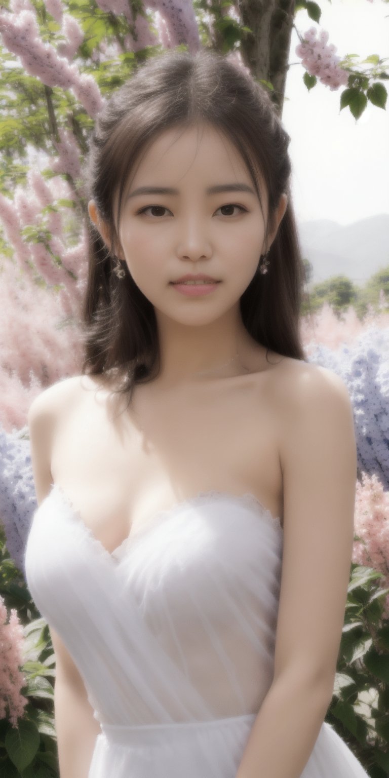 Surrealistic digital painting of a young woman with fair skin, curly fair hair, delicate facial features, enshrouded in a graceful, light pink fabric, slumbering among a plush hydrangea bed of pink and white blossoms, creating a dreamy, ethereal ambiance, palette consisting largely of pinks, whites, and lilacs, invoking a sense of serenity and tranquility, painterly strokes result in. A soft-focused portrait of a young woman with fair skin and curly brown hair with bangs, her delicate facial features illuminated by the gentle glow of a subtle pink fabric wrap. She slumbers amidst a plush hydrangea bed, where pink and white blossoms gently unfold, creating a dreamy, ethereal ambiance. Brushstrokes whisper whispers of pinks, whites, and lilacs, weaving a tapestry of serenity and tranquility. burlesque,shabby chic, fine art, epic, Boho gypsy, marquise, duchesse, dark fantasy.