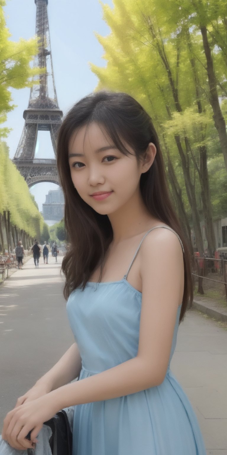 masterpiece,  4k resolution, (1 girl),Surrealistic digital painting of a young woman with fair skin,  invoking a sense of serenity and tranquility, painterly strokes result in.This soft-focus portrait depicts a young woman with fair skin, curly brown hair with bangs, 
wearing a beautiful dress.
A girl with a beaming, radiant smile is standing in front of the Eiffel Tower on a Parisian plaza, with the majestic Eiffel Tower prominently in view. According to