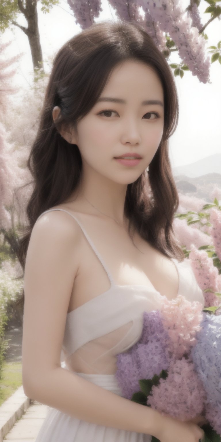 Surrealistic digital painting of a young woman with fair skin, curly fair hair, delicate facial features, enshrouded in a graceful, light pink fabric, slumbering among a plush hydrangea bed of pink and white blossoms, creating a dreamy, ethereal ambiance, palette consisting largely of pinks, whites, and lilacs, invoking a sense of serenity and tranquility, painterly strokes result in. A soft-focused portrait of a young woman with fair skin and curly brown hair with bangs, her delicate facial features illuminated by the gentle glow of a subtle pink fabric wrap. She slumbers amidst a plush hydrangea bed, where pink and white blossoms gently unfold, creating a dreamy, ethereal ambiance. Brushstrokes whisper whispers of pinks, whites, and lilacs, weaving a tapestry of serenity and tranquility. burlesque,shabby chic, fine art, epic, Boho gypsy, marquise, duchesse, dark fantasy.