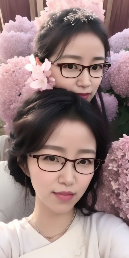 Surrealistic digital painting of a young woman with fair skin, Wearing women's glasses.curly fair hair, delicate facial features, enshrouded in a graceful, light pink fabric, slumbering among a plush hydrangea bed of pink and white blossoms, creating a dreamy, ethereal ambiance, palette consisting largely of pinks, whites, and lilacs, invoking a sense of serenity and tranquility, painterly strokes result in. A soft-focused portrait of a young woman with fair skin and curly brown hair with bangs, her delicate facial features illuminated by the gentle glow of a subtle pink fabric wrap. She slumbers amidst a plush hydrangea bed, where pink and white blossoms gently unfold, creating a dreamy, ethereal ambiance. Brushstrokes whisper whispers of pinks, whites, and lilacs, weaving a tapestry of serenity and tranquility. burlesque,shabby chic, fine art, epic, Boho gypsy, marquise, duchesse, dark fantasy.Wearing women's glasses