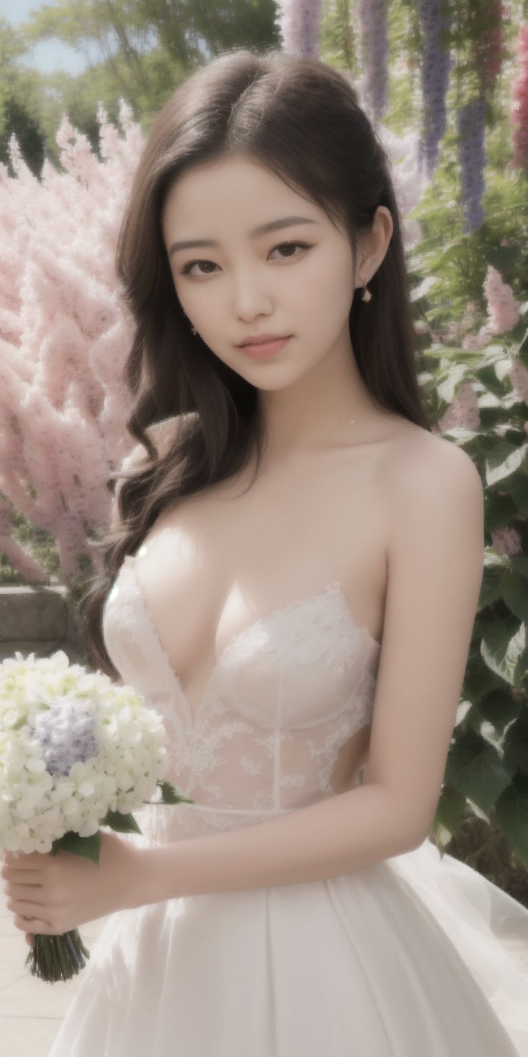 Surrealistic digital painting of a young woman with fair skin, 
White wedding dress, wedding photos,
curly fair hair, delicate facial features, enshrouded in a graceful, light pink fabric, slumbering among a plush hydrangea bed of pink and white blossoms, creating a dreamy, ethereal ambiance, palette consisting largely of pinks, whites, and lilacs, invoking a sense of serenity and tranquility, painterly strokes result in. A soft-focused portrait of a young woman with fair skin and curly brown hair with bangs, her delicate facial features illuminated by the gentle glow of a subtle pink fabric wrap. She slumbers amidst a plush hydrangea bed, where pink and white blossoms gently unfold, creating a dreamy, ethereal ambiance. Brushstrokes whisper whispers of pinks, whites, and lilacs, weaving a tapestry of serenity and tranquility. burlesque,shabby chic, fine art, epic, Boho gypsy, marquise, duchesse, dark fantasy.
White wedding dress, wedding photos,