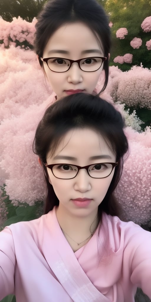 Surrealistic digital painting of a young woman with fair skin, Wearing women's glasses.curly fair hair, delicate facial features, enshrouded in a graceful, light pink fabric, slumbering among a plush hydrangea bed of pink and white blossoms, creating a dreamy, ethereal ambiance, palette consisting largely of pinks, whites, and lilacs, invoking a sense of serenity and tranquility, painterly strokes result in. A soft-focused portrait of a young woman with fair skin and curly brown hair with bangs, her delicate facial features illuminated by the gentle glow of a subtle pink fabric wrap. She slumbers amidst a plush hydrangea bed, where pink and white blossoms gently unfold, creating a dreamy, ethereal ambiance. Brushstrokes whisper whispers of pinks, whites, and lilacs, weaving a tapestry of serenity and tranquility. burlesque,shabby chic, fine art, epic, Boho gypsy, marquise, duchesse, dark fantasy.Wearing women's glasses