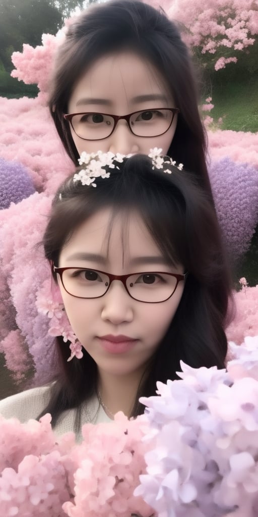 Surrealistic digital painting of a young woman with fair skin, Wearing women's glasses.curly fair hair, delicate facial features, enshrouded in a graceful, light pink fabric, slumbering among a plush hydrangea bed of pink and white blossoms, creating a dreamy, ethereal ambiance, palette consisting largely of pinks, whites, and lilacs, invoking a sense of serenity and tranquility, painterly strokes result in. A soft-focused portrait of a young woman with fair skin and curly brown hair with bangs, her delicate facial features illuminated by the gentle glow of a subtle pink fabric wrap. She slumbers amidst a plush hydrangea bed, where pink and white blossoms gently unfold, creating a dreamy, ethereal ambiance. Brushstrokes whisper whispers of pinks, whites, and lilacs, weaving a tapestry of serenity and tranquility. burlesque,shabby chic, fine art, epic, Boho gypsy, marquise, duchesse, dark fantasy.Wearing women's glasses