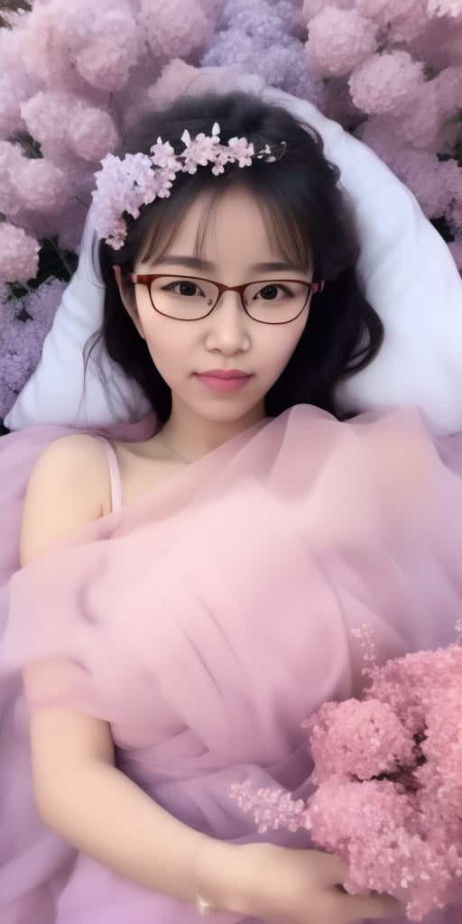 Surrealistic digital painting of a young woman with fair skin, Wearing women's glasses.curly fair hair, delicate facial features, enshrouded in a graceful, light pink fabric, slumbering among a plush hydrangea bed of pink and white blossoms, creating a dreamy, ethereal ambiance, palette consisting largely of pinks, whites, and lilacs, invoking a sense of serenity and tranquility, painterly strokes result in. A soft-focused portrait of a young woman with fair skin and curly brown hair with bangs, her delicate facial features illuminated by the gentle glow of a subtle pink fabric wrap. She slumbers amidst a plush hydrangea bed, where pink and white blossoms gently unfold, creating a dreamy, ethereal ambiance. Brushstrokes whisper whispers of pinks, whites, and lilacs, weaving a tapestry of serenity and tranquility. burlesque,shabby chic, fine art, epic, Boho gypsy, marquise, duchesse, dark fantasy.Wearing women's glasses