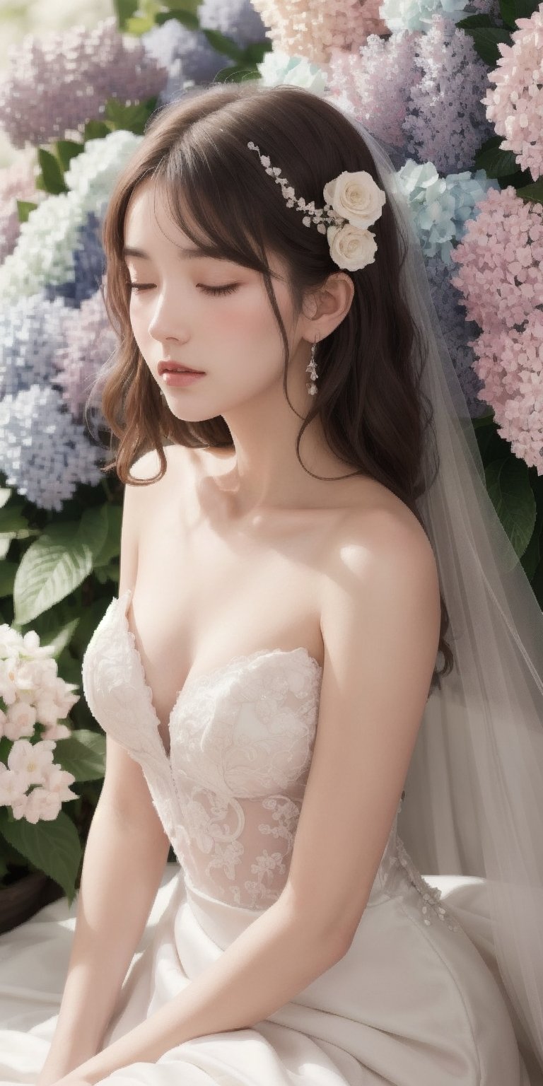 Surrealistic digital painting of a young woman with fair skin, 
White wedding dress, wedding photos,
curly fair hair, delicate facial features, enshrouded in a graceful, light pink fabric, slumbering among a plush hydrangea bed of pink and white blossoms, creating a dreamy, ethereal ambiance, palette consisting largely of pinks, whites, and lilacs, invoking a sense of serenity and tranquility, painterly strokes result in. A soft-focused portrait of a young woman with fair skin and curly brown hair with bangs, her delicate facial features illuminated by the gentle glow of a subtle pink fabric wrap. She slumbers amidst a plush hydrangea bed, where pink and white blossoms gently unfold, creating a dreamy, ethereal ambiance. Brushstrokes whisper whispers of pinks, whites, and lilacs, weaving a tapestry of serenity and tranquility. burlesque,shabby chic, fine art, epic, Boho gypsy, marquise, duchesse, dark fantasy.
White wedding dress, wedding photos,