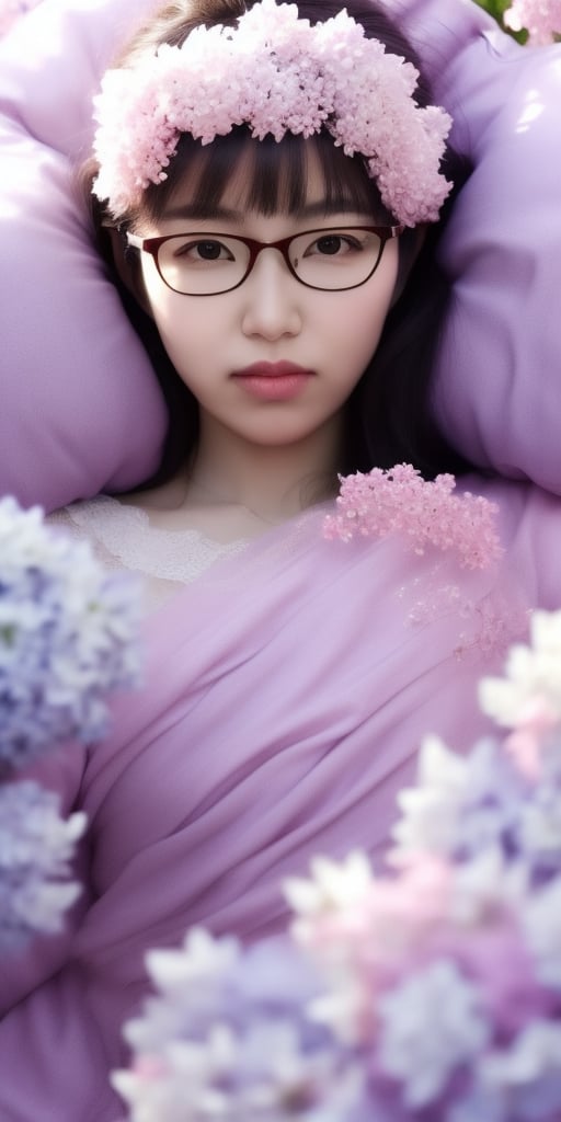 Surrealistic digital painting of a young woman with fair skin, Wearing women's glasses.curly fair hair, delicate facial features, enshrouded in a graceful, light pink fabric, slumbering among a plush hydrangea bed of pink and white blossoms, creating a dreamy, ethereal ambiance, palette consisting largely of pinks, whites, and lilacs, invoking a sense of serenity and tranquility, painterly strokes result in. A soft-focused portrait of a young woman with fair skin and curly brown hair with bangs, her delicate facial features illuminated by the gentle glow of a subtle pink fabric wrap. She slumbers amidst a plush hydrangea bed, where pink and white blossoms gently unfold, creating a dreamy, ethereal ambiance. Brushstrokes whisper whispers of pinks, whites, and lilacs, weaving a tapestry of serenity and tranquility. burlesque,shabby chic, fine art, epic, Boho gypsy, marquise, duchesse, dark fantasy.Wearing women's glasses