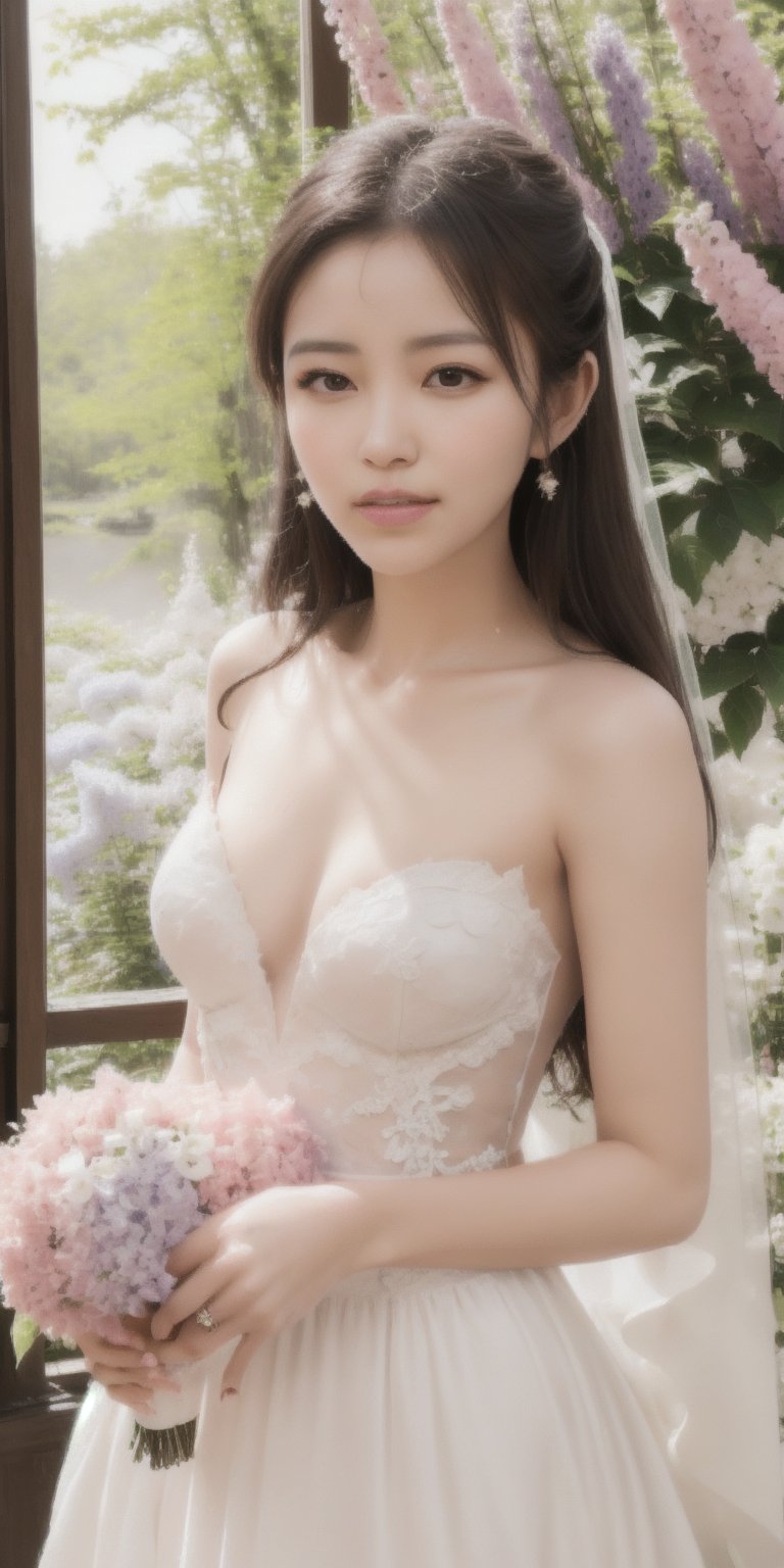 Surrealistic digital painting of a young woman with fair skin, 
White wedding dress, wedding photos,
curly fair hair, delicate facial features, enshrouded in a graceful, light pink fabric, slumbering among a plush hydrangea bed of pink and white blossoms, creating a dreamy, ethereal ambiance, palette consisting largely of pinks, whites, and lilacs, invoking a sense of serenity and tranquility, painterly strokes result in. A soft-focused portrait of a young woman with fair skin and curly brown hair with bangs, her delicate facial features illuminated by the gentle glow of a subtle pink fabric wrap. She slumbers amidst a plush hydrangea bed, where pink and white blossoms gently unfold, creating a dreamy, ethereal ambiance. Brushstrokes whisper whispers of pinks, whites, and lilacs, weaving a tapestry of serenity and tranquility. burlesque,shabby chic, fine art, epic, Boho gypsy, marquise, duchesse, dark fantasy.
White wedding dress, wedding photos,