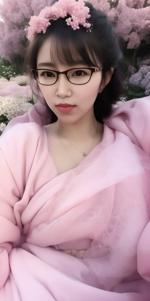 Surrealistic digital painting of a young woman with fair skin, Wearing women's glasses.curly fair hair, delicate facial features, enshrouded in a graceful, light pink fabric, slumbering among a plush hydrangea bed of pink and white blossoms, creating a dreamy, ethereal ambiance, palette consisting largely of pinks, whites, and lilacs, invoking a sense of serenity and tranquility, painterly strokes result in. A soft-focused portrait of a young woman with fair skin and curly brown hair with bangs, her delicate facial features illuminated by the gentle glow of a subtle pink fabric wrap. She slumbers amidst a plush hydrangea bed, where pink and white blossoms gently unfold, creating a dreamy, ethereal ambiance. Brushstrokes whisper whispers of pinks, whites, and lilacs, weaving a tapestry of serenity and tranquility. burlesque,shabby chic, fine art, epic, Boho gypsy, marquise, duchesse, dark fantasy.Wearing women's glasses