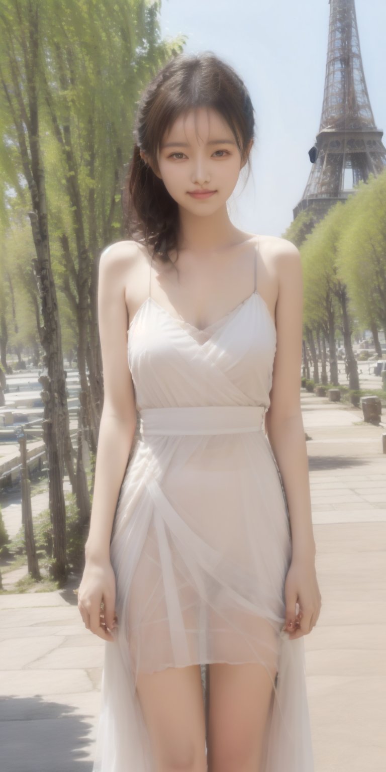 masterpiece,  4k resolution, (1 girl),Surrealistic digital painting of a young woman with fair skin,  invoking a sense of serenity and tranquility, painterly strokes result in.This soft-focus portrait depicts a young woman with fair skin, curly brown hair with bangs, 
wearing a beautiful dress.
A girl with a beaming, radiant smile is standing in front of the Eiffel Tower on a Parisian plaza, with the majestic Eiffel Tower prominently in view. According to