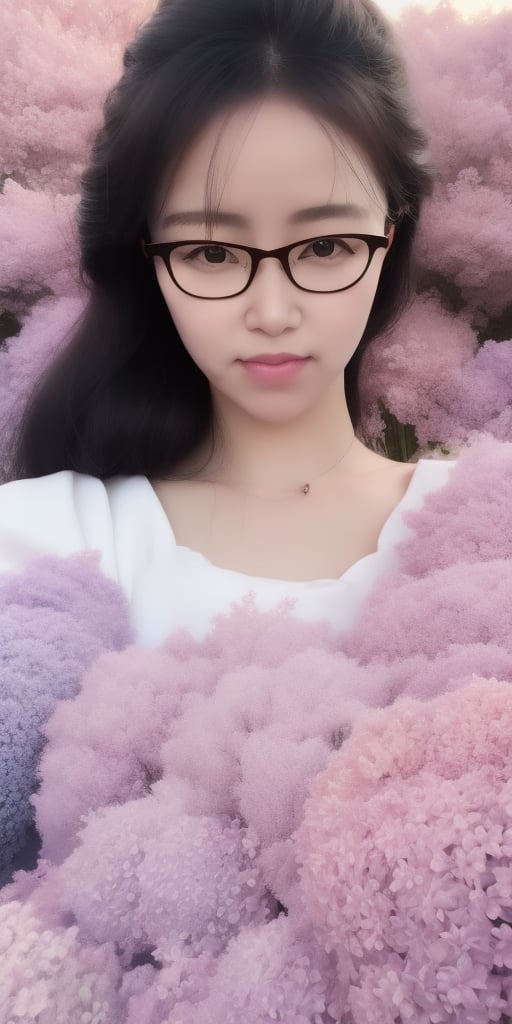 Surrealistic digital painting of a young woman with fair skin, Wearing women's glasses.curly fair hair, delicate facial features, enshrouded in a graceful, light pink fabric, slumbering among a plush hydrangea bed of pink and white blossoms, creating a dreamy, ethereal ambiance, palette consisting largely of pinks, whites, and lilacs, invoking a sense of serenity and tranquility, painterly strokes result in. A soft-focused portrait of a young woman with fair skin and curly brown hair with bangs, her delicate facial features illuminated by the gentle glow of a subtle pink fabric wrap. She slumbers amidst a plush hydrangea bed, where pink and white blossoms gently unfold, creating a dreamy, ethereal ambiance. Brushstrokes whisper whispers of pinks, whites, and lilacs, weaving a tapestry of serenity and tranquility. burlesque,shabby chic, fine art, epic, Boho gypsy, marquise, duchesse, dark fantasy.Wearing women's glasses