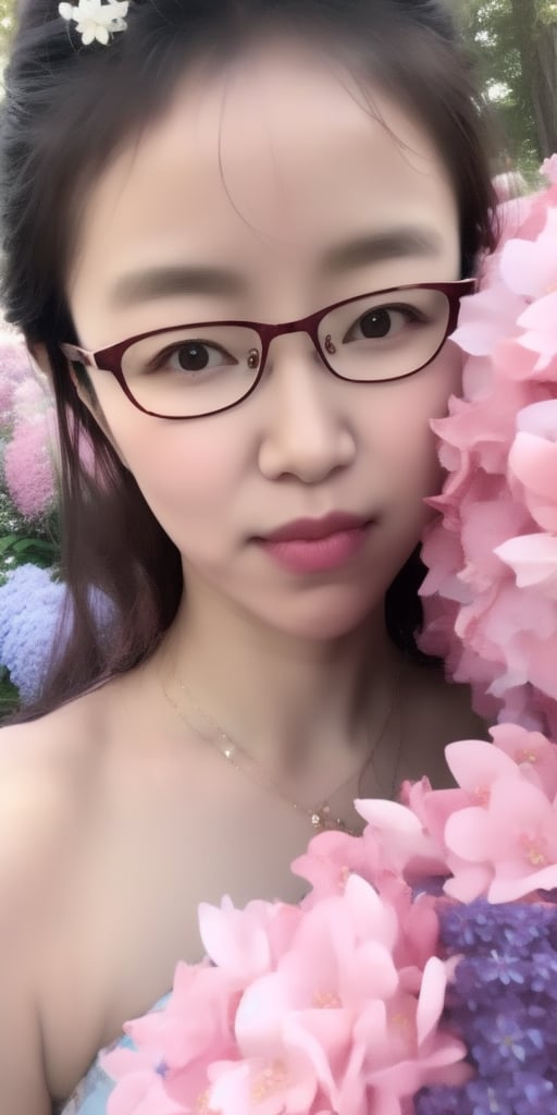 Surrealistic digital painting of a young woman with fair skin, Wearing women's glasses.curly fair hair, delicate facial features, enshrouded in a graceful, light pink fabric, slumbering among a plush hydrangea bed of pink and white blossoms, creating a dreamy, ethereal ambiance, palette consisting largely of pinks, whites, and lilacs, invoking a sense of serenity and tranquility, painterly strokes result in. A soft-focused portrait of a young woman with fair skin and curly brown hair with bangs, her delicate facial features illuminated by the gentle glow of a subtle pink fabric wrap. She slumbers amidst a plush hydrangea bed, where pink and white blossoms gently unfold, creating a dreamy, ethereal ambiance. Brushstrokes whisper whispers of pinks, whites, and lilacs, weaving a tapestry of serenity and tranquility. burlesque,shabby chic, fine art, epic, Boho gypsy, marquise, duchesse, dark fantasy.Wearing women's glasses