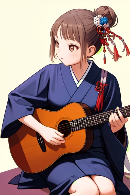 masterpiece,cowboy shot,face forward,solo,young child,small breast,japanese kimono,hair accessory,sitting down,playing_instrument