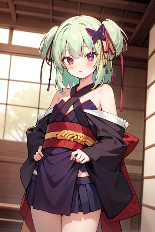 masterpiece,best quality,cowboy shot,young female,(petite),(skinny),(thin legs),Japanese kimono,1girl, murasame, two side up,hair ornament, bare shoulders