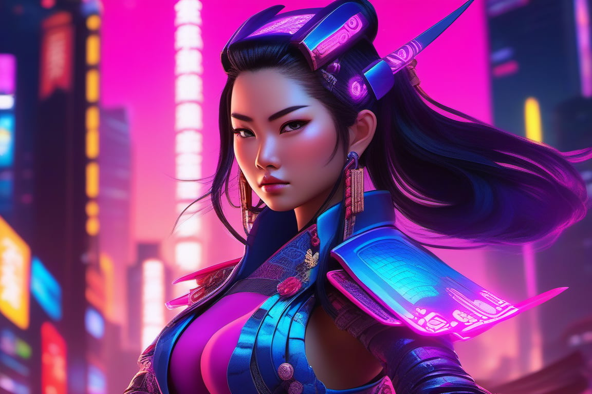 A powerful asian lady samurai stands confidently in a futuristic cityscape, bathed in vibrant hues of pink, purple, and blue neon lights. Her hand-drawn anime style armor blends traditional samurai elements with high-tech modifications, featuring glowing accents and intricate patterns that illuminate her strong pose. Her katana, also aglow with neon energy, shines brightly as she holds it with poise. Her flowing hair, highlighted in matching neon colors, flows dynamically around her determined expression. In the background, towering skyscrapers, holographic advertisements, and a starry night sky create a cyberpunk cityscape that complements her futuristic warrior spirit.