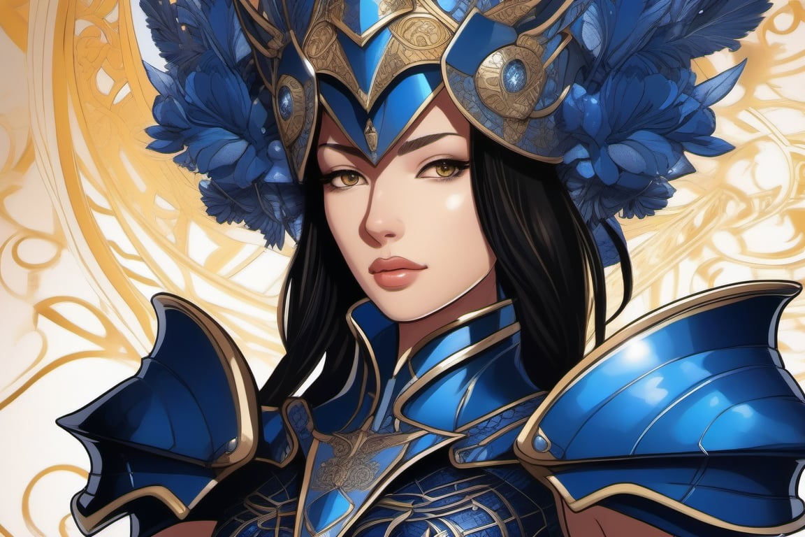 A full-body illustration of a powerful lady knight in a hand-drawn anime style. She is adorned in dark blue and black armor, combining traditional knight elements with sleek, modern design. The armor features intricate patterns and glowing accents, adding a touch of elegance and mystique. She stands confidently, her pose exuding strength and grace. Her long hair flows dynamically, partially concealed by her ornate helmet. The background is a detailed, fantastical landscape with a dramatic sky, merging both medieval and futuristic elements. The entire scene is rendered with vibrant colors, sharp details, and dynamic lighting, resembling a high-quality anime screencap.