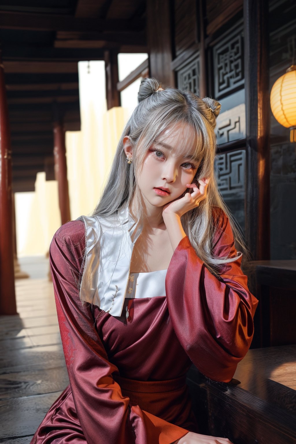 1girl, long hair, SILVER hair, hair ornament, long sleeves, 1boy, dress, jewelry, sitting, upper body, earrings, hair bun, chinese clothes, red dress, single hair bun, hanfu