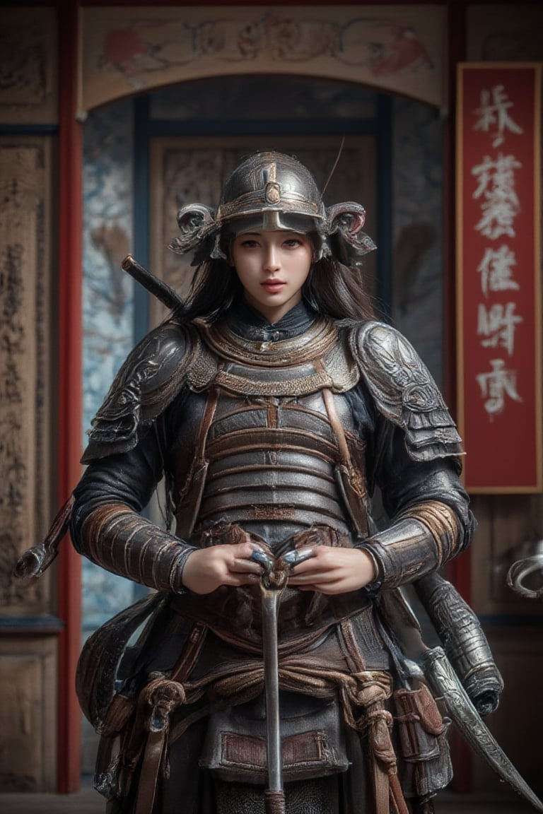 a close-up shot of a samurai warrior, adorned with a helmet and armor, stands in front of a wooden door. The warrior's armor is adorned with two swords, a sword, and a belt with a rope tied around it. The sword is held in the foreground, while the sword is in the center of the frame. The background is a mix of red, blue, and white paint, adding a pop of color to the scene. To the left of the image, there is a red sign with Chinese characters on it.