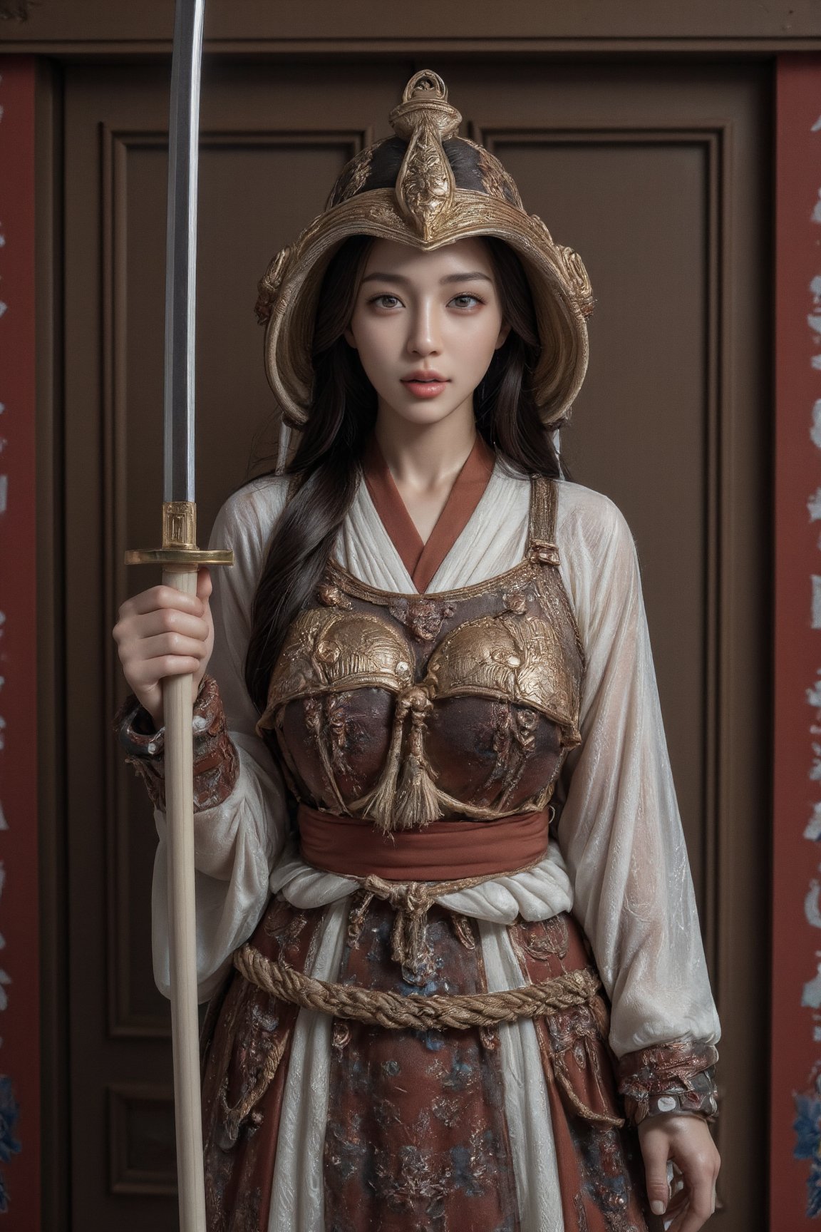 Close-up of a female samurai warrior wearing helmet and armor standing in front of a wooden door. The warrior's armor is adorned with two swords. She holds the large sword in one hand and a belt with a rope tied around it. The sword is in the foreground, while the sword is in the center of the frame. The background is a mix of red, blue and white, adding color to the scene. On the left side of the frame is a red sign with Chinese characters on it. The wide angle shows the warrior in full body.