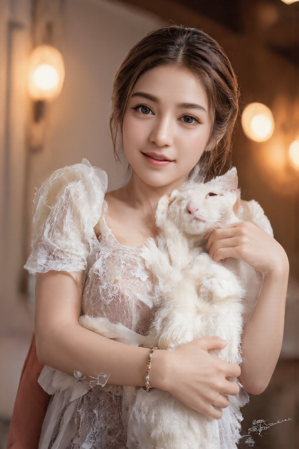 (Create a photograph with a realistic style, potentially taken by a professional photographer. It features a well-composed portrait of a young woman and her cat. The woman, situated in the center foreground, is holding a white cat close to her chest. She is wearing an off-shoulder top and smiling at the camera. The background is an indoors living space with warm lighting, including a lit lamp on a table and blurred furniture. Subtle details such as the soft lighting, uncluttered background, and natural tones contribute to a serene, homely atmosphere.