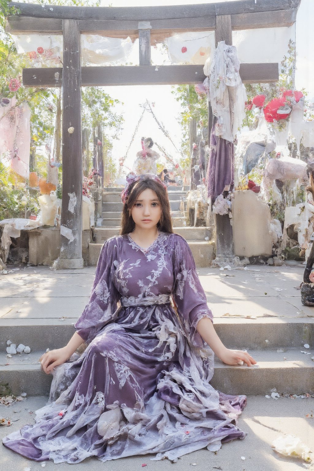 (Cinematic Digital Artwork:1.3) of (Masterpiece:1.3),(Sad:1.3) 1girl, solo, from above, \(purple flowers\), aesthetic, intricate, best quality, detailed background, Homura Akemi, ((girl wearing a patterned purple kimono)), \(sitting in garde), casual pose, detailed textures, posing, floral print, hair flower, hair ornament, japanese clothes, kimono, obi, outdoors, pagoda, petals, purple kimono, sash, shrine, sky, stone stairs, torii, wide sleeves, yukata,(Colorful:1.3)