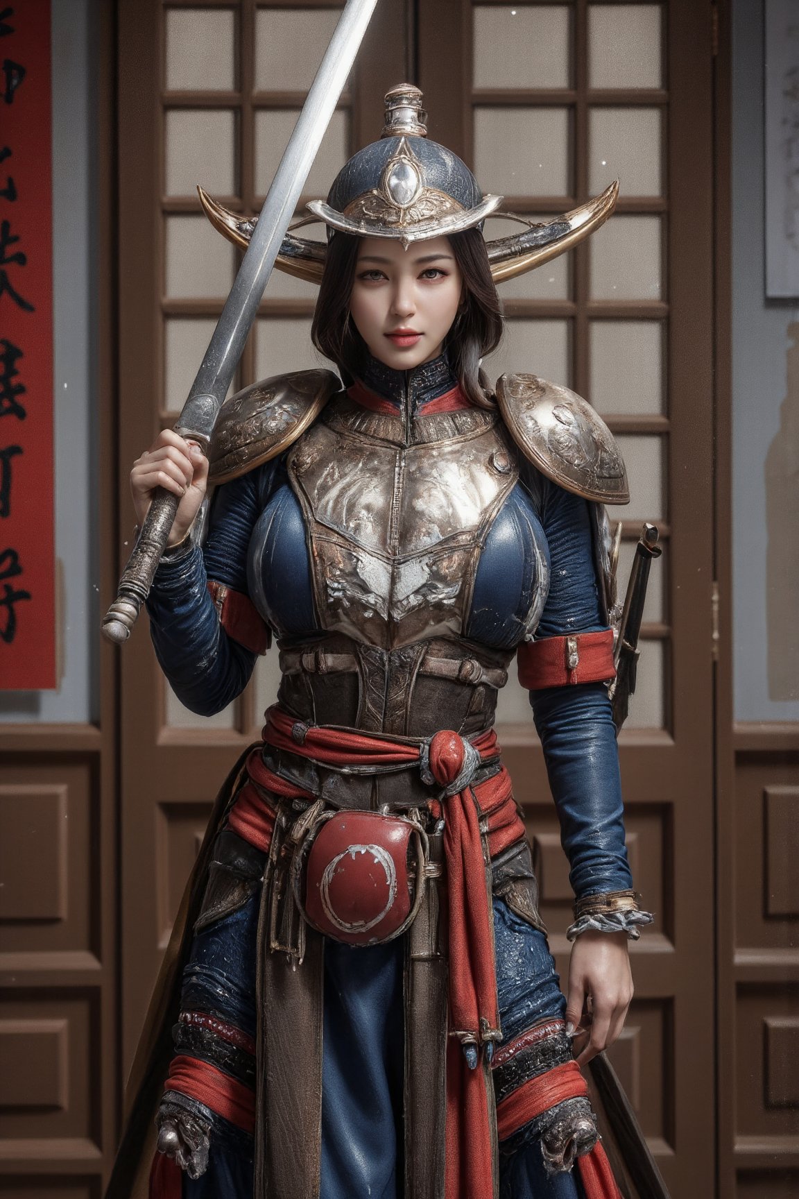 Close-up of a female samurai warrior wearing helmet and armor standing in front of a wooden door. The warrior's armor is adorned with two swords. She holds the large sword in one hand and a belt with a rope tied around it. The sword is in the foreground, while the sword is in the center of the frame. The background is a mix of red, blue and white, adding color to the scene. On the left side of the frame is a red sign with Chinese characters on it. The wide angle shows the warrior in full body.