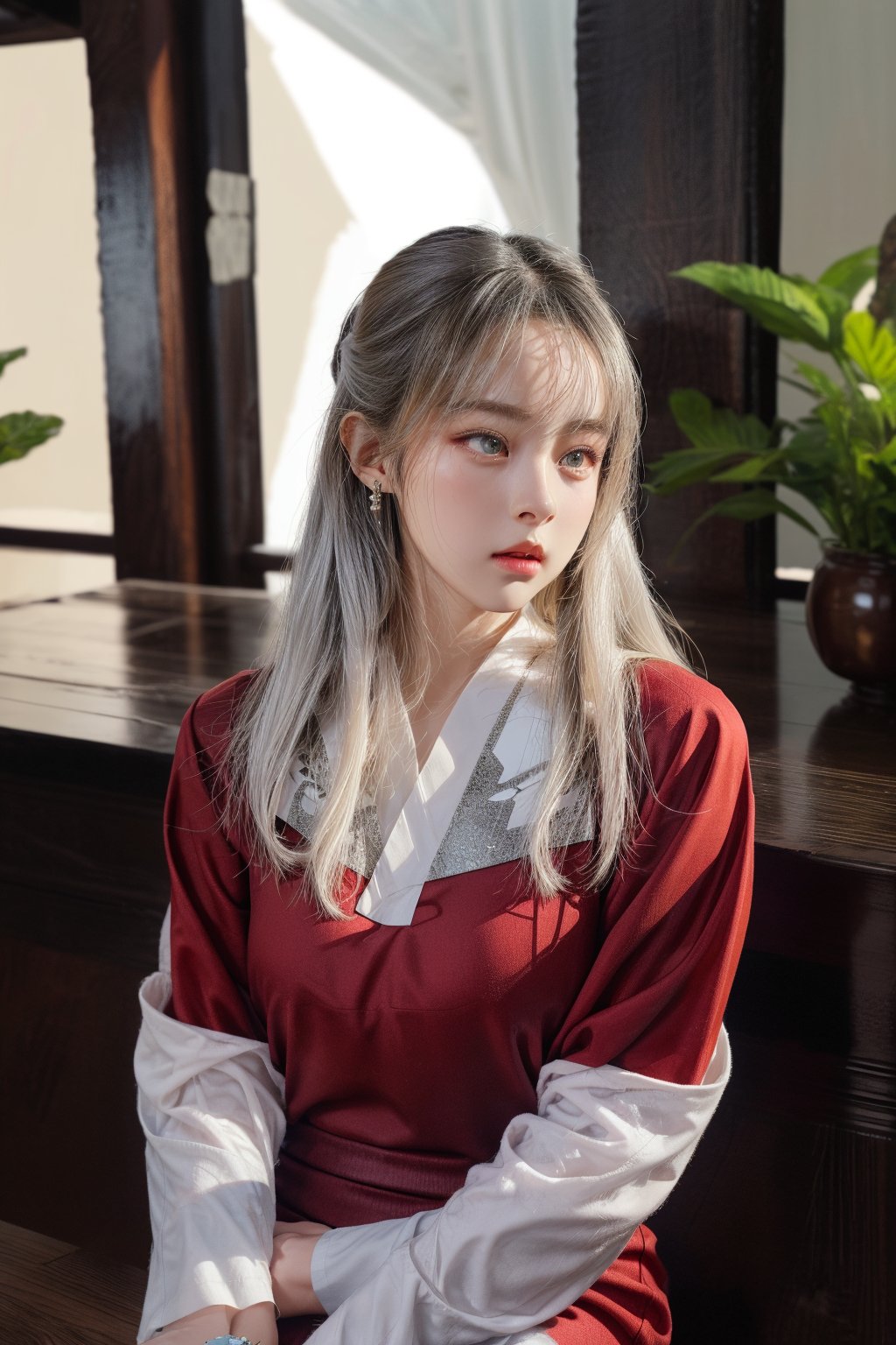 1girl, long hair, SILVER hair, hair ornament, long sleeves, 1boy, dress, jewelry, sitting, upper body, earrings, hair bun, chinese clothes, red dress, single hair bun, hanfu