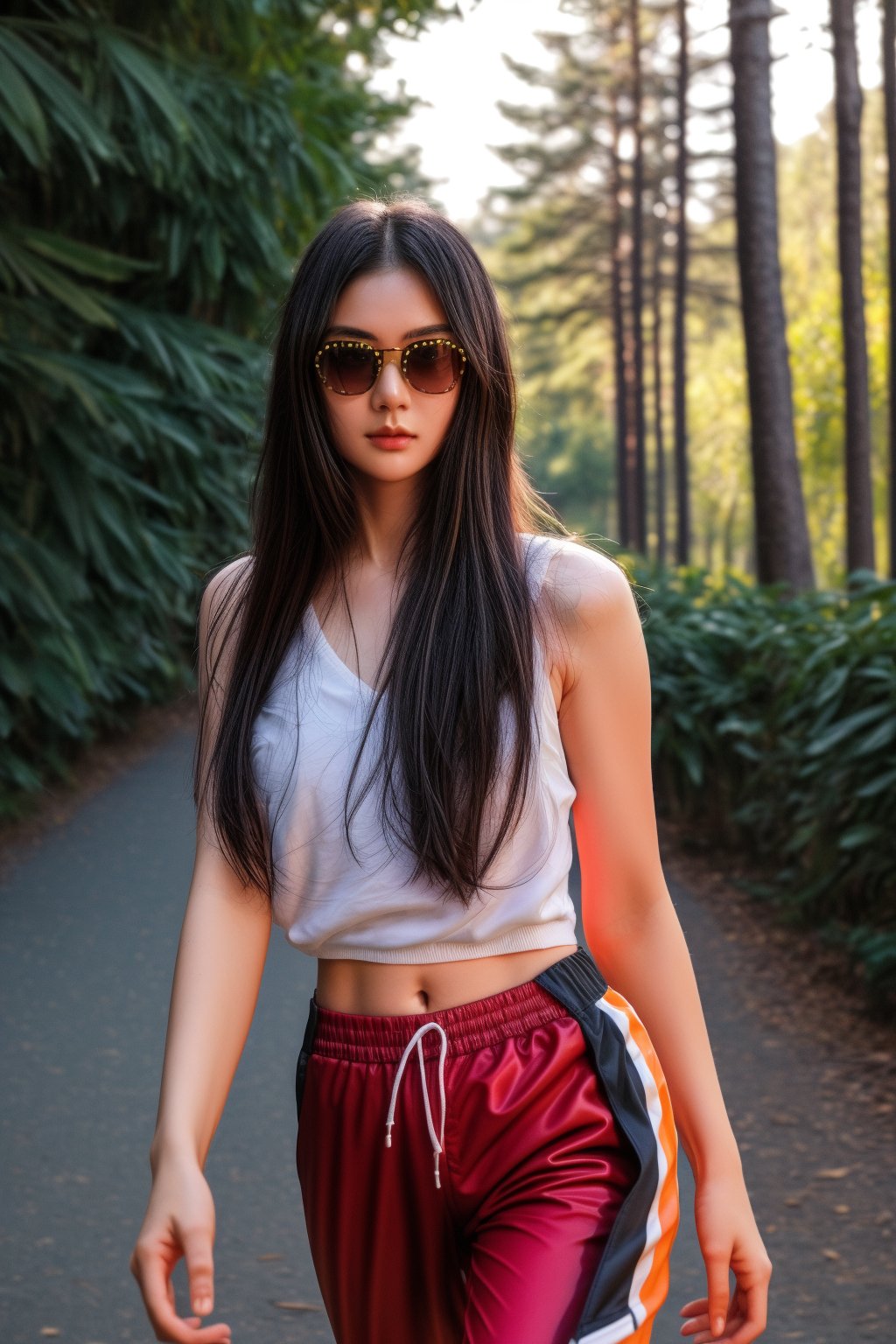 "(High quality art image, High Definition 8K:1.2) High Detail (Realistic, Realistic:1.37) Portrait of a 25-year-old Thai female runner, wearing sunglasses by Pedro Pedraja, running in a park surrounded by trees, flowing black hair, orange Nike v-neckline, orange Nike running pants, day light atmosphere, striking eyes. Masterpiece of high fashion. 32K Resolution, High quality, Perfect detail, Very sharp focus. Professional portrait photography