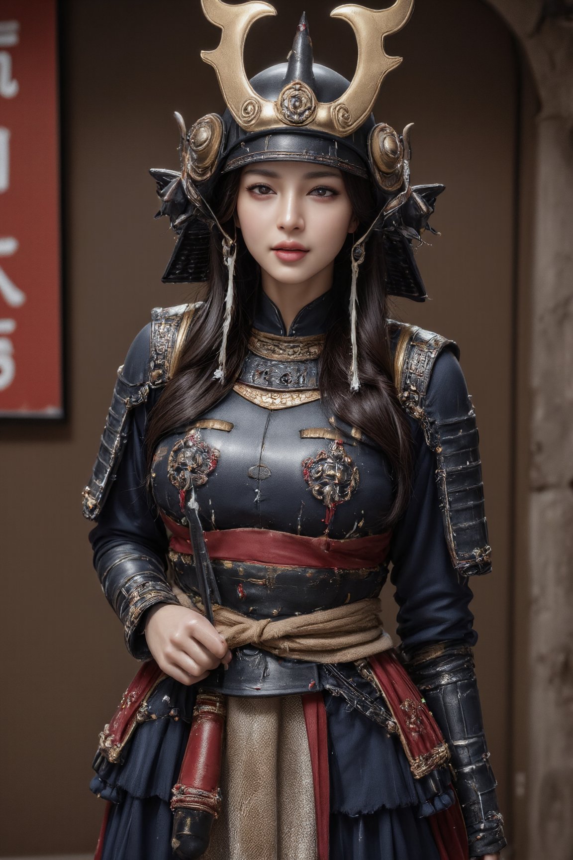 Close-up of a female samurai warrior wearing helmet and armor standing in front of a wooden door. The warrior's armor is adorned with two swords. She holds the large sword in one hand and a belt with a rope tied around it. The sword is in the foreground, while the sword is in the center of the frame. The background is a mix of red, blue and white, adding color to the scene. On the left side of the frame is a red sign with Chinese characters on it. The wide angle shows the warrior in full body.