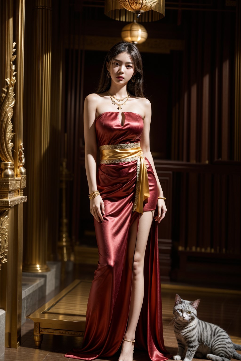 A full body photo of a Thai woman. A 22-year-old Thai woman with dark brown hair and brown-black eyes. She is wearing a Thai dress with a red sash with gold intricate patterns. She is wearing a necklace and a chain, a necklace, and a bracelet decorated with beautiful and delicate gems. She is standing and looking at a Korat cat in a temple with a shady atmosphere, high-resolution photo. 