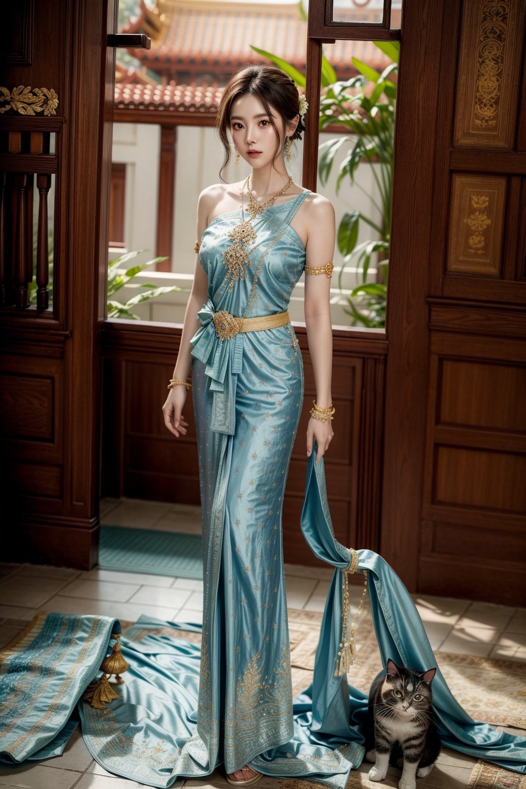 A full body photo of a Thai woman. A 22-year-old Thai woman with dark brown hair and brown-black eyes. She is wearing a Thai dress with blue sash with gold intricate patterns. She is wearing a necklace and a chain, a necklace, and a bracelet decorated with beautiful and delicate gems. She is standing and looking at a Korat cat in a temple with a shady atmosphere, wide angle photo, high-resolution photo. 