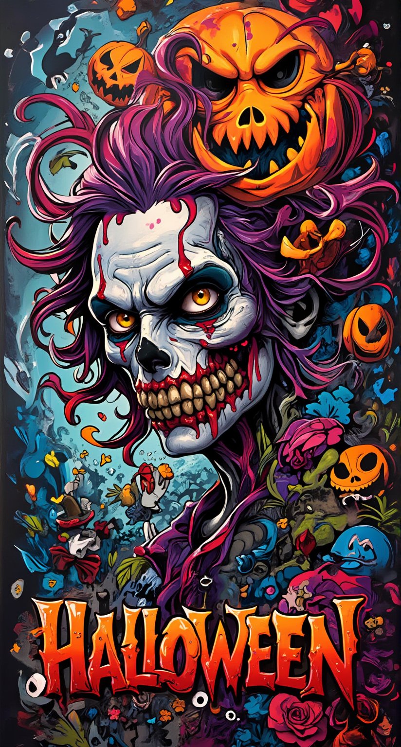 Masterpiece, graffiti artwork, extreme creepy halloween theme by ZloyOrk style, high quality.