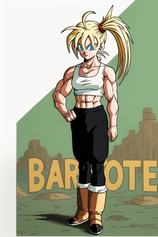 Irina1_DBAF, 1girl, solo, tanktop, side_ponytail, black pants, boots, blonde, ahoge, sharp_eyes, Toriyama Akira, muscular female